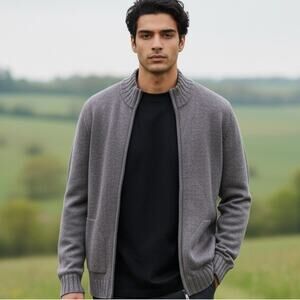 Toscano Cardigan Sweater Mens Large Gray Wool Blend Zip Grandpa Core Classic